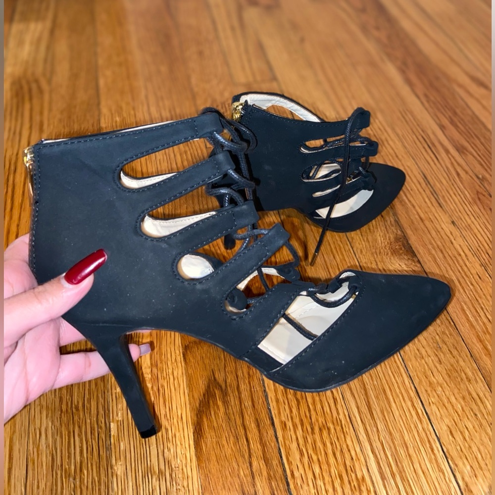 Black Pointed Caged Heels